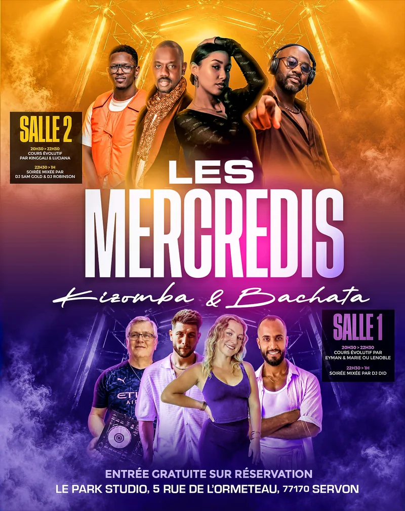 Les Mercredis Kizomba & Bachata au Park Studio : cours à 20h30, soirée 2 salles à 22h30, entrée gratuite sur réservation